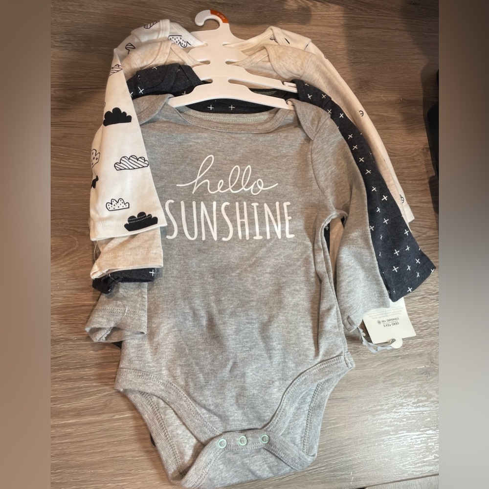 New- Cloud Island Gray Long- 6-9mo-Sleeve Bodysuit Set of 4